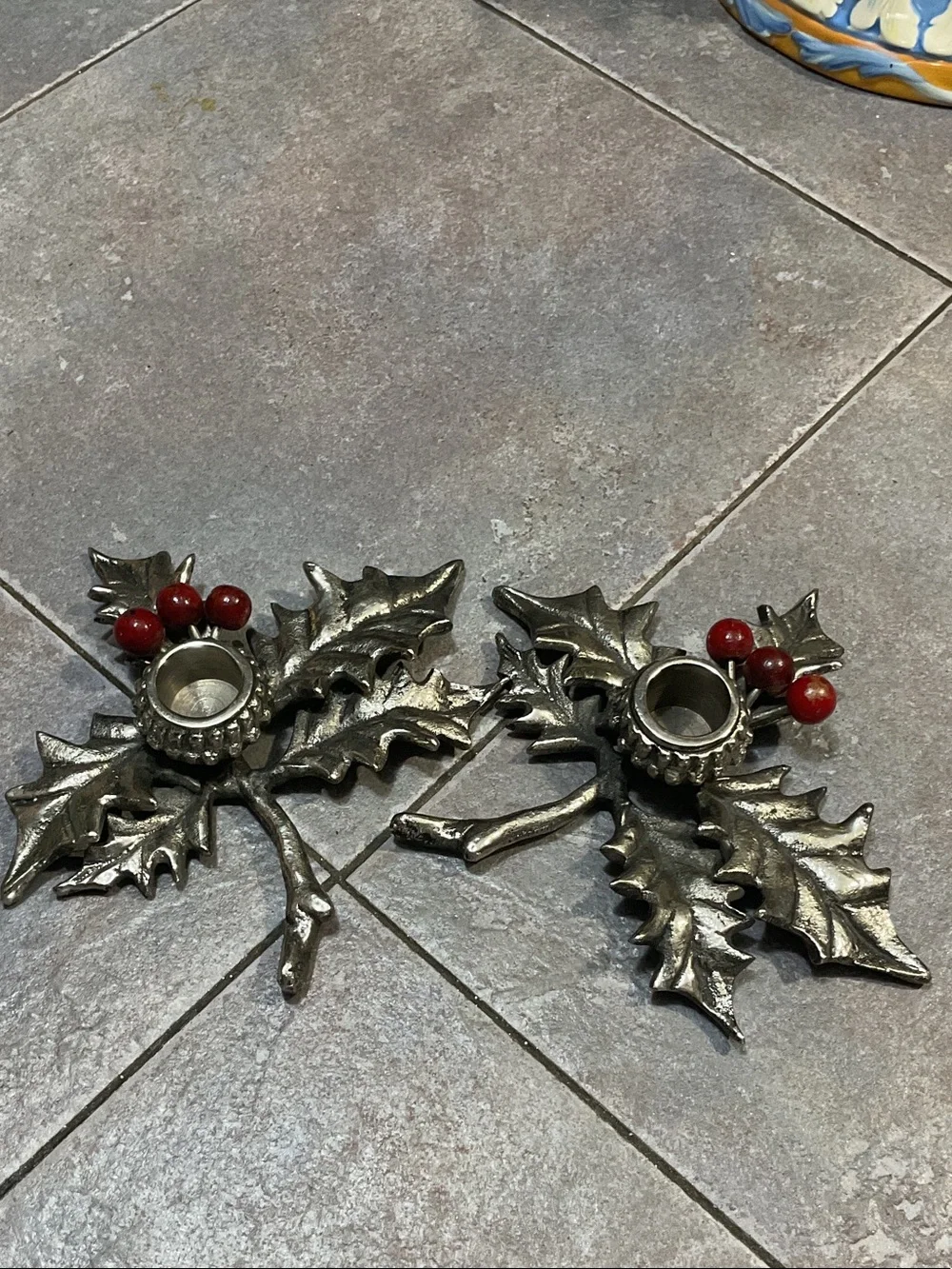 Metal Holly Leaf Candle Holders with Red Berry Accents - Pair